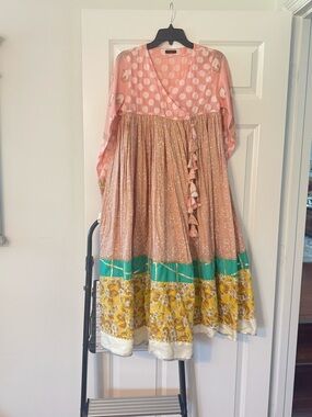 Pink Polka Tiered Girls Dress with Green & Gold Trim